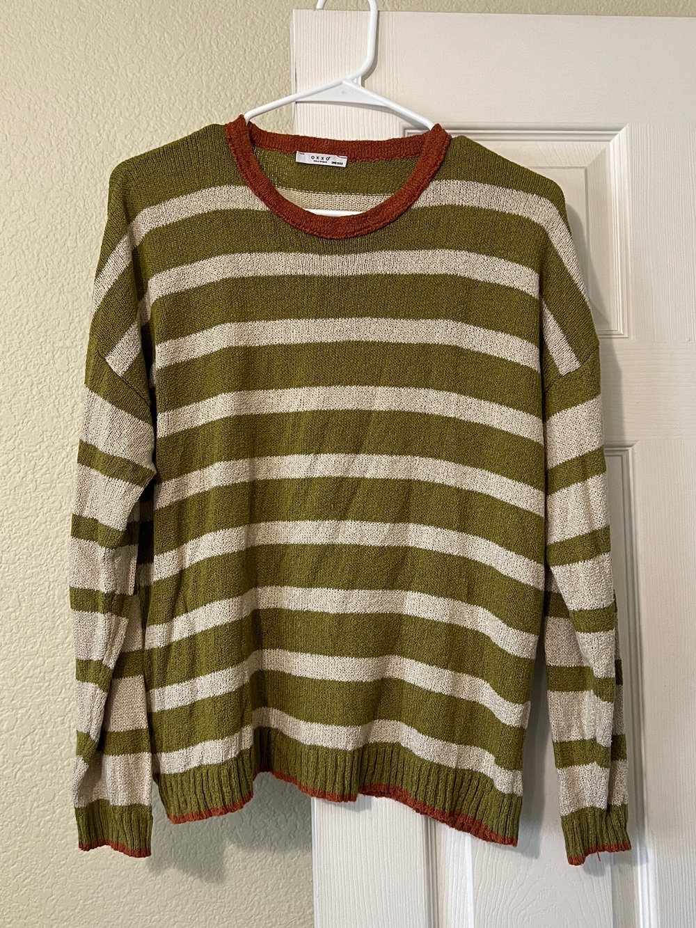 Oxxo Olive & Cream Striped Crewneck Sweater with Rust Trim